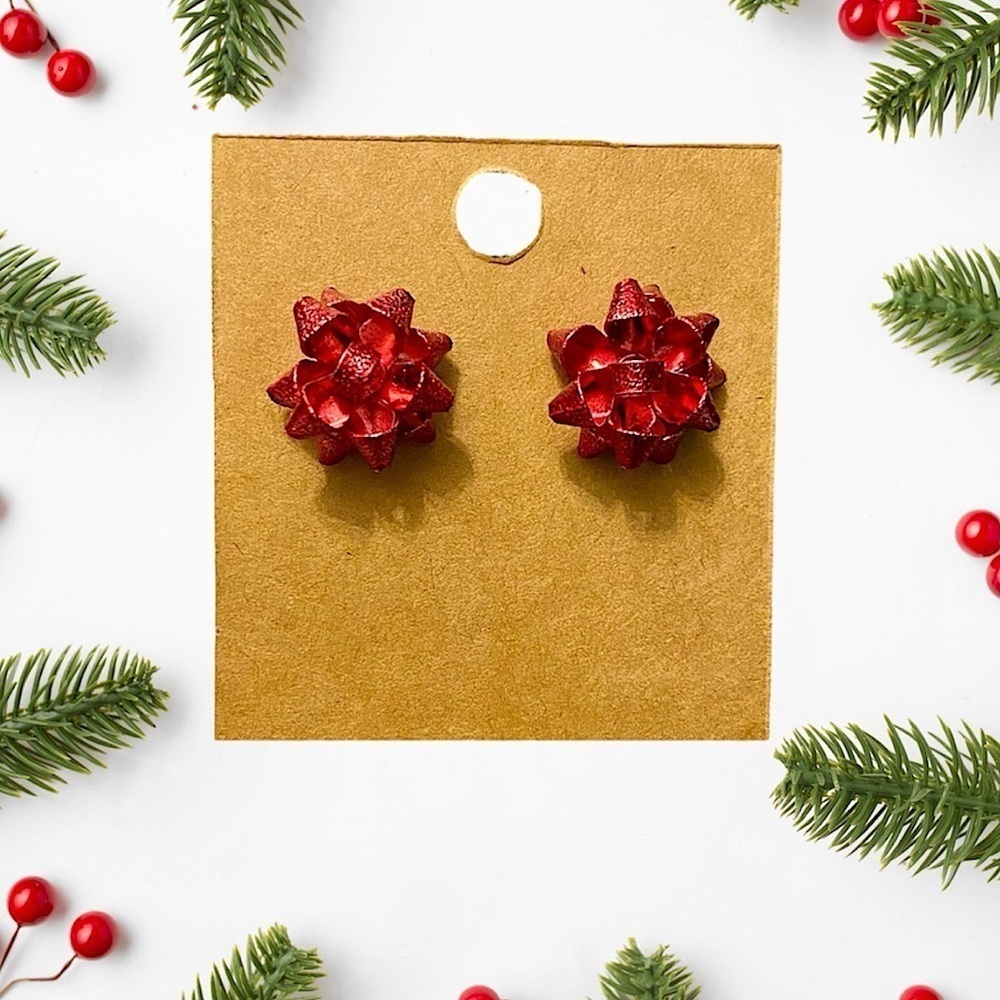 Red Christmas Gift Bow Stud Earrings